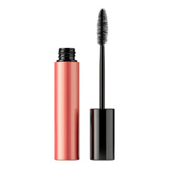 Obraz premium Elegant Mascara Tube with Wand, Black Brush, and Glossy Pink Packaging for Eye Makeup Application