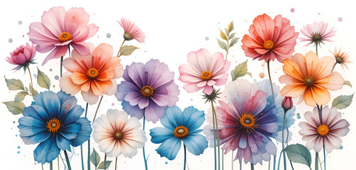 Watercolor floral arrangement displays pink, orange, purple, and blue wildflowers on a white background creating a vibrant botanical illustration.