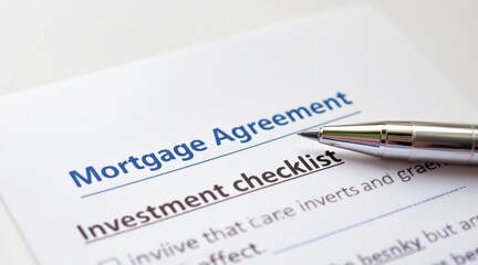 real estate investment checklist document concept. Mortgage agreement document with checklist and pen on paper.