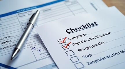 real estate investment checklist document concept. Document with checklist and pen on a desk surface.