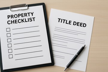 real estate investment checklist document concept. Property documents with checklist and title deed on a wooden surface.