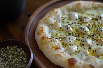 Delicious freshly baked white pizza topped with creamy cheese and roasted garlic, garnished with herbs, served on a wooden board alongside dried herbs in a bowl