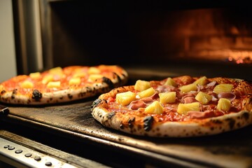 Delicious freshly baked pizzas with pineapple and ham, sizzling in a wood-fired oven, showcasing a perfect golden crust and vibrant toppings for culinary delight