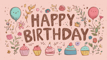 Cute background wallpaper with Happy Birthday logo and cake
