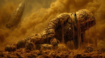 A horrifying scene of an astronaut in a bulky detailed spacesuit partially melted and dripping, collapsing on the acidic, toxic surface of an alien planet.