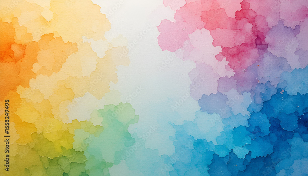 Poster watercolor splashes create a soft rainbow gradient texture with a harmonious blend of pastel colors 