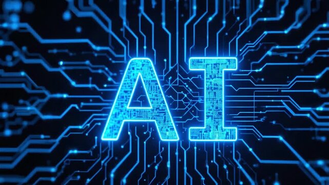 Futuristic AI word mark with branching circuit lines glowing in tech blue