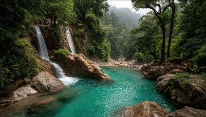 Serene Waterfall Cascading into Crystal Clear Pool Surrounded by Lush Green Forest and Misty Mountains in Tranquil Nature Scene