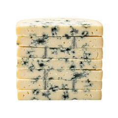 A close up view of a stack of creamy blue cheese slices with distinctive blue green mold veins, perfect for appetizers, charcuterie boards, or cooking.