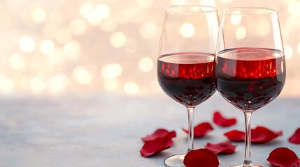 Romantic evening with red wine glasses and rose petals on blurred sparkling background