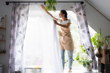 Woman in apron hangs transparent tulle curtains on large attic windows in the house inside the interior with potted plants. Spring cleaning, tidying up