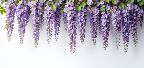 Naklejka premium Cascading wisteria blooms elegantly on a clean background, perfect for floral designs, invitations, or spring themed presentations.
