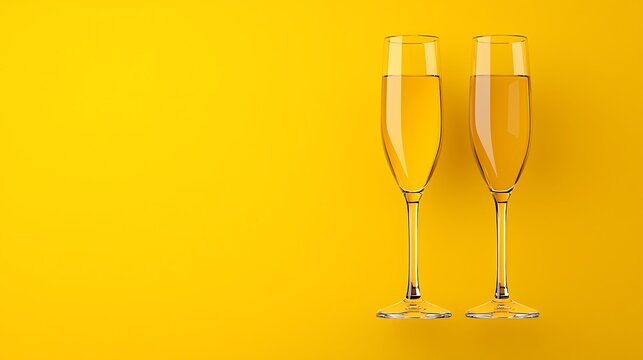 Elegant champagne flutes with bubbly drink on vibrant yellow background for celebrations - Powered by Adobe