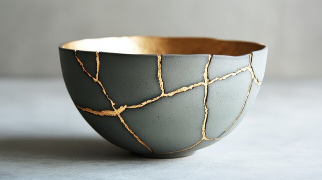 Gray ceramic bowl fixed with gold kintsugi, against a neutral background. Showcase resilience, repair, and beauty in imperfection, wabi-sabi.