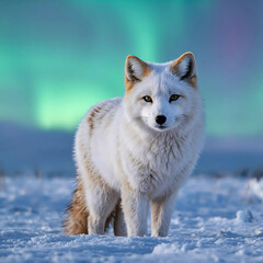 Arctic fox standing on snow and gazing at camera under green aurora borealis.  fox standing on the snowy tundra, front view