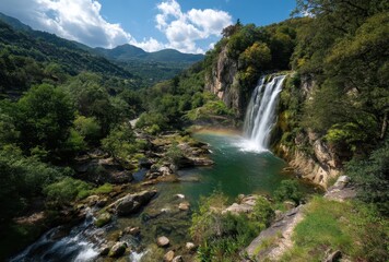Serene Waterfall Cascading into Pristine Lake Surrounded by Lush Greenery and Majestic Mountains Under Bright Blue Sky with Fluffy White Clouds