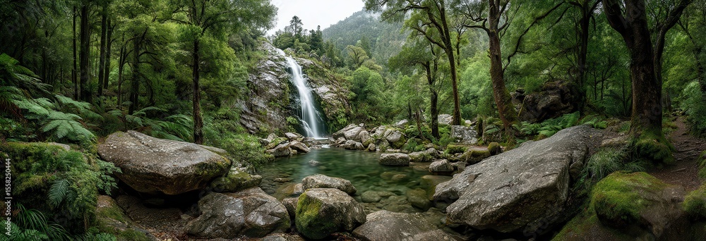Poster serene waterfall cascading into reflective pool surrounded by lush greenery in a tranquil forest set