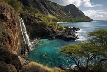 Serene Waterfall Cascading into Stunning Turquoise Pool Surrounded by Lush Greenery and Rocky Coastline Under a Beautiful Sky