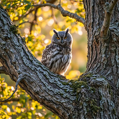 Horned owl on tree branch at sunset, golden hour and gazing at camera. Wild owl resting on gnarled tree limb in warm backlight