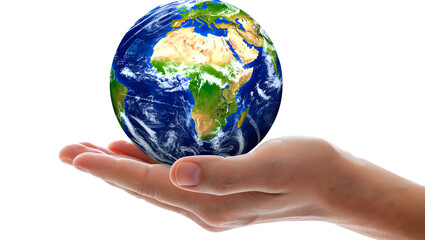 Human hand holding planet Earth with continents and clouds visible isolated on a transparent background