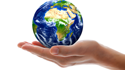 Human hand holding planet Earth with continents and clouds visible isolated on a transparent background