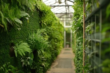 A lush vertical garden with diverse green plants lines both sides. Showcasing eco-friendly concepts and biophilic designs for modern spaces.