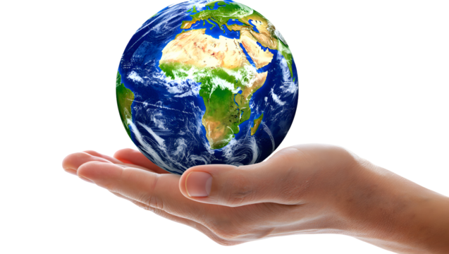 Human hand holding planet Earth with continents and clouds visible isolated on a transparent background