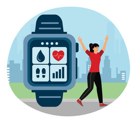 Connected workout concept. Smartwatch Tracking Fitness Activities With Woman Walking.