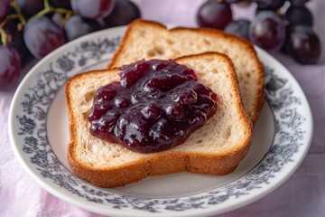 Delicious grape jam spread atop slices of fresh, golden-brown toasted bread, served on a vintage plate with grapes in the background, ideal for breakfast or snack imagery.