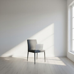 Single chair and laptop in empty room