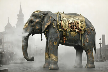 Steampunk elephant with brass machinery in foggy urban town. Retro Futurist Elephant on town