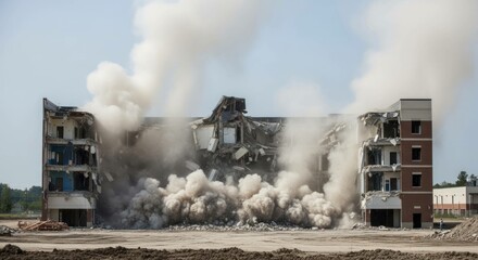 Building implosion creating dust cloud during demolition process