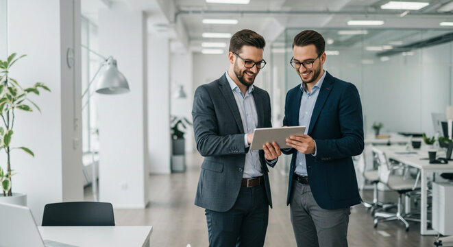 Two happy busy professional business men executive business team working together standing in office holding tab using digital tablet computer tech managing data standing in corporate office.