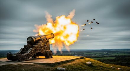 Firing antique cannon with explosion on hill overlooking landscape