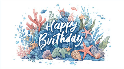 Cute background wallpaper with Happy Birthday logo and sea creatures