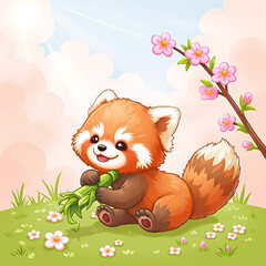 Cute cartoon red panda sitting with bamboo stick on pastel background. Kawaii red panda character holding green bamboo, front view, suitable for children's books