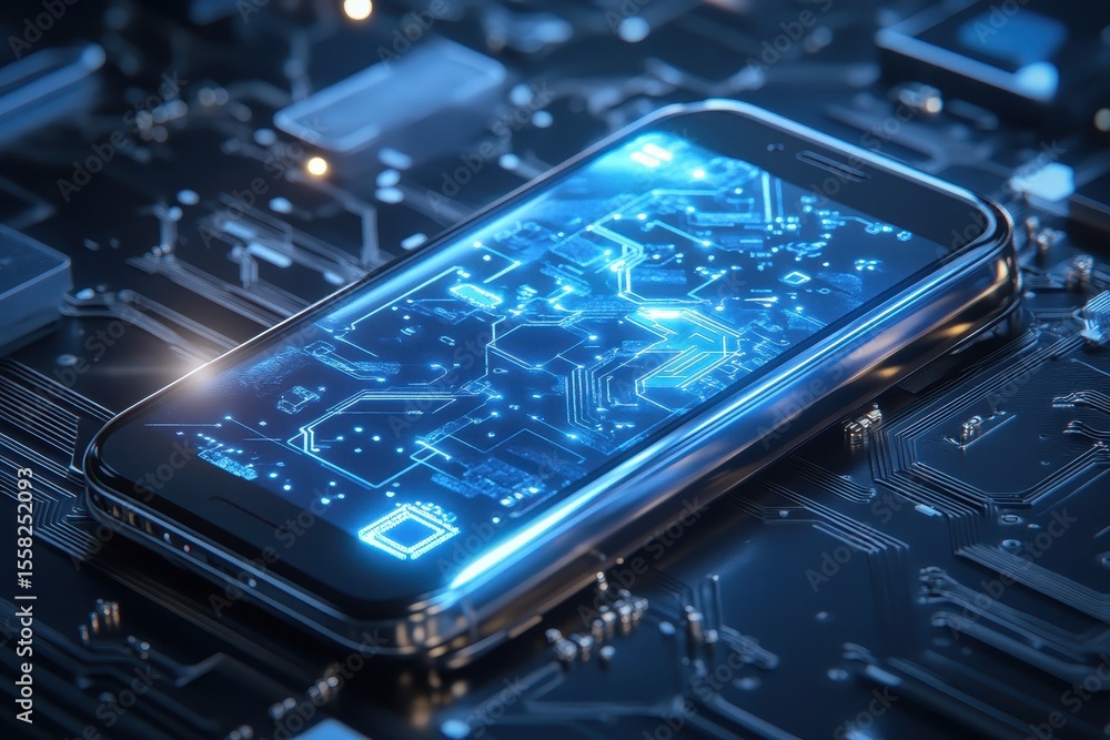 Poster a smartphone displays glowing circuit board patterns on its screen. use it for tech, innovation, or 