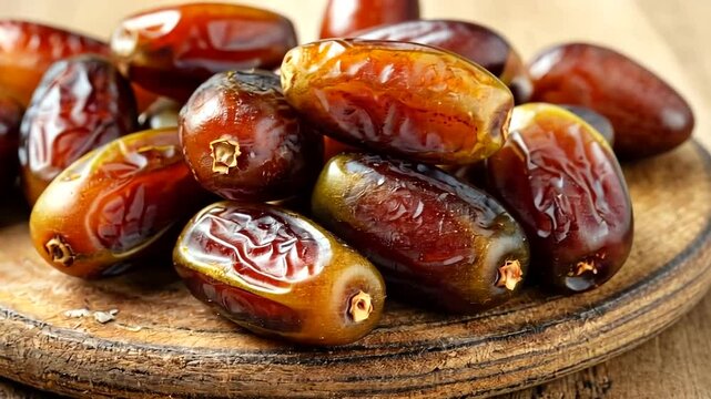 Fresh, ripe dates arranged on a wooden platter, showcasing their rich color and texture