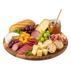 A delectable charcuterie board arranged with various cheeses, sliced cured meats, fresh grapes, crusty bread, and a jar of honey, perfect for entertaining or a gourmet snack.