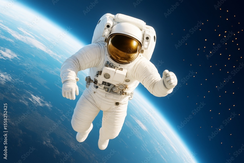 Poster Astronaut floating above Earth in outer space with glowing particles, bright light, and creative science background in orbit view.