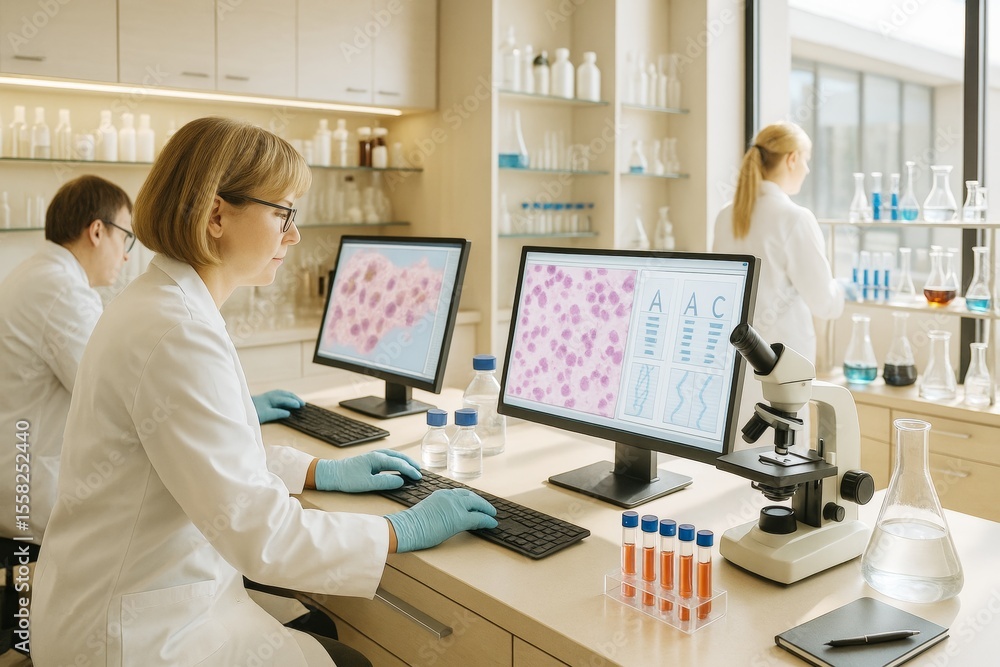 Aufkleber Scientists analyzing microscope data on dual monitors in modern lab with glassware, bright background, and advanced research setup.