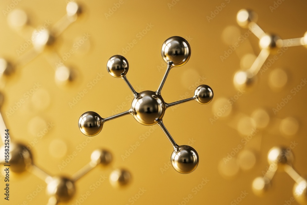 Aufkleber Shiny metallic molecule structure with spherical atoms connected by rods on a glowing yellow background in a futuristic science concept style.
