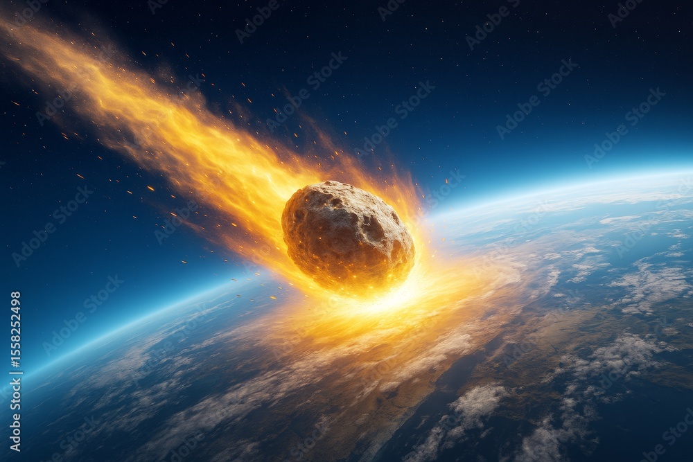 Poster fiery asteroid entering earth's atmosphere with intense light trail and impact explosion in space ba