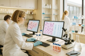 Scientists analyzing microscope data on dual monitors in modern lab with glassware, bright background, and advanced research setup.