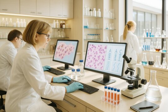 Scientists analyzing microscope data on dual monitors in modern lab with glassware, bright background, and advanced research setup. - Powered by Adobe