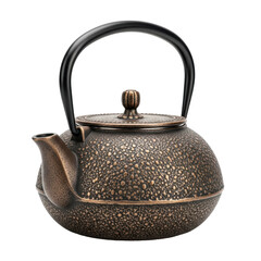A dark, textured cast iron teapot with a black handle, perfect for brewing tea or as a decorative piece.