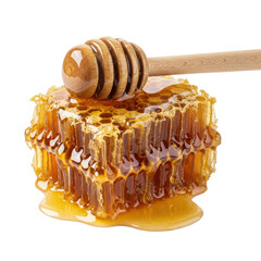 Close up of a golden honeycomb with rich, viscous honey dripping, accompanied by a wooden honey dipper. Perfect for food, healthy eating, and natural product themes.