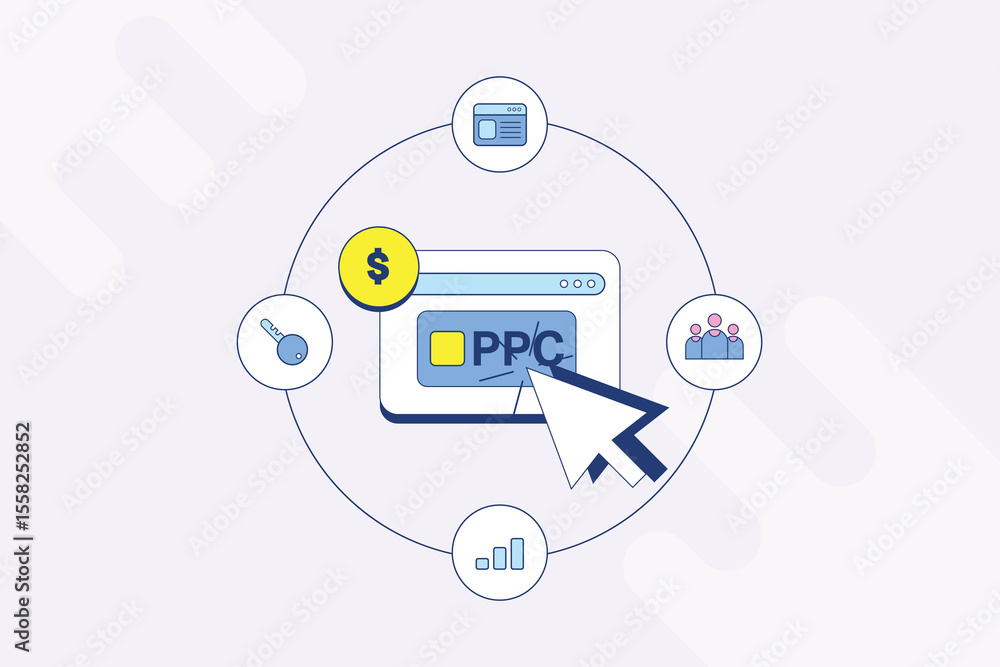 Poster user clicks on ppc ads. web page encircled by keywords, analytics and calculative revenue.