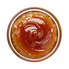Rich, glossy caramel sauce with a beautiful swirl, presented in a clear glass bowl from a top down perspective. Perfect for food related designs and culinary projects.
