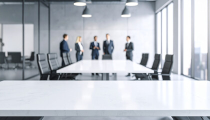 Obraz premium Close-up of a wide conference desk against a blurry modern bright office with worker background.